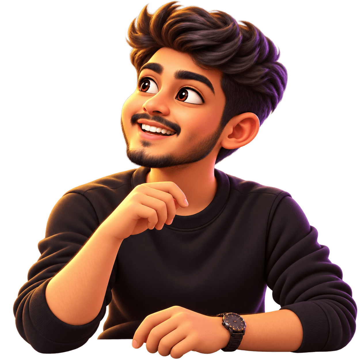 A 3D animated illustration of Romil in a black shirt and wristwatch